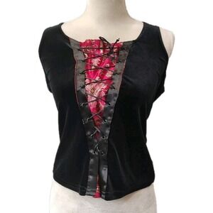 Vtg Y2K Black Velvet Red Corset Sz XL Cosplay Goth Glam Brocade Rare Castle Core